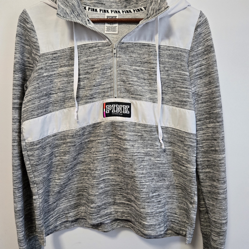 PINK Victoria's Secret Gray and White Zip-Up Sweatshirt With Hood